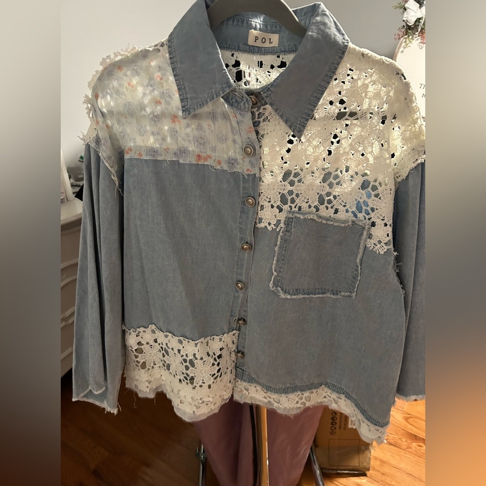 POL Blue and Cream Lace Patchwork Shirt